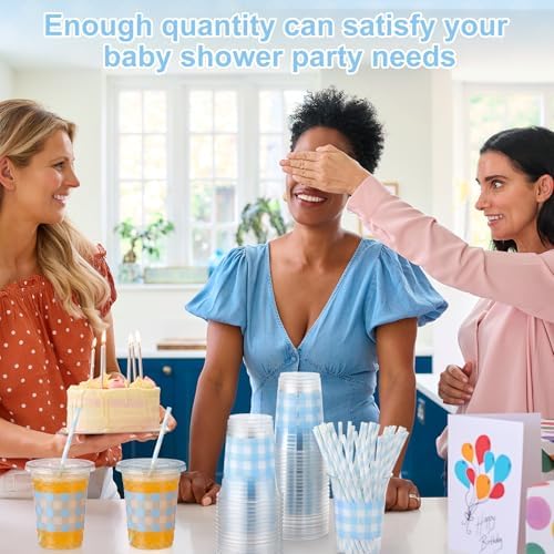 Sliner 50 Sets 16oz Light Blue White Gingham Party Plastic Cups - Image 4