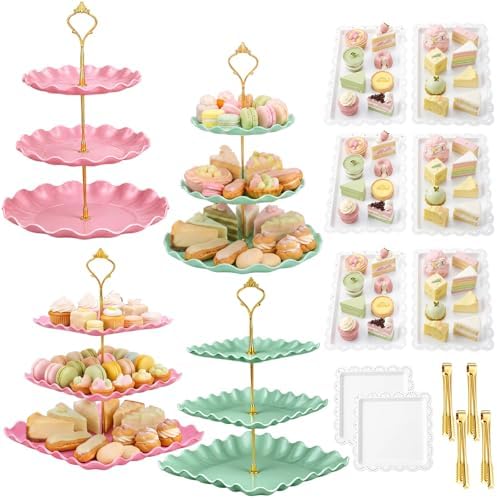 Remerry 16 Pcs Dessert Table Display Set 3 Tier Cake Stands, Pink and Green by Remerry