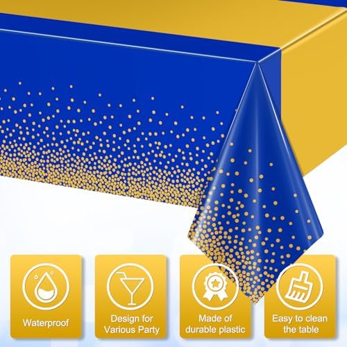 12Pcs Blue Gold Tablecloth Party Decorations,Plastic Royal Blue Table Cloth Printed Gold Tables Runner Disposable Rectangle Table Cover for Birthday Anniversary Wedding Graduation Party,54 x108 Inch - Image 3