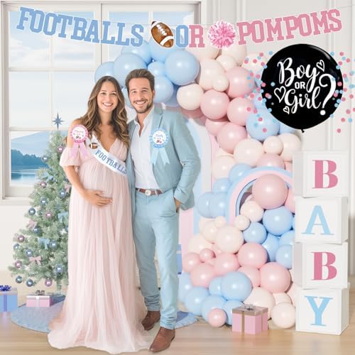Football or Pom Poms Gender Reveal Decorations, 152 PCs Boy or Girl Party Decoration Kit Supplies with Balloons, Banner, Sash, Badge Backdrop, Topper, Poster, Balloon Boxes, Tablecloth, Marker - Image 6
