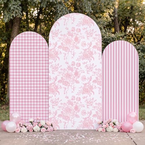SiliFine Set of 3 Pink Chinoiserie Floral Arch Cover 4ft 5ft 6ft Gingham Stretchy Backdrop Covers Striped Backdrop Cover for Wedding Birthday Party Bridal Shower Baby Shower Celebration - Image 3