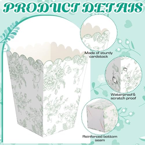 Gueevin 100 Pcs Green Floral Popcorn Boxes with Scalloped for Party 5.5 x 10.5 x 7.5 cm Mini Paper Popcorn Containers Bulk for Wedding Movie Night Decorations Bridal Baby Shower Party Supplies - Image 6