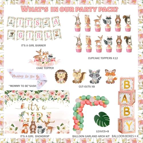 Woodland Baby Shower Decorations Girl, Forest Animal Gender Neutral Baby Shower Party Decorations Its a Girl Backdrop Balloon Garland Banner Box Cutout Cake Cupcake Topper Sash Pink - Image 4