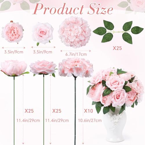 Suncalla 60 Pcs Assorted Silk Artificial Flowers, Faux Fake Full Hydrangea Peony Rose Bouquet with Leaf Stem for Wedding Centerpiece Bridal DIY Craft Baby Shower Party Decor(Pink) - Image 2