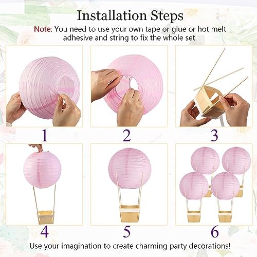 Namalu 24 Set Hot Air Balloon Table Centerpieces Baby Shower Party Decoration Paper Lanterns with Wooden Basket Sticks for Summer Birthday School DIY Craft(Light Pink) - Image 3