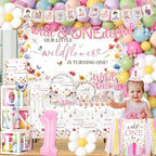 Wildflower First Birthday Decorations,295pcs wild One Birthday Decorations Girl Floral Plates and Napkins Cups Tablecloth Banner Backdrop for Our Little Wildflower Is Turning One Party - Image 3
