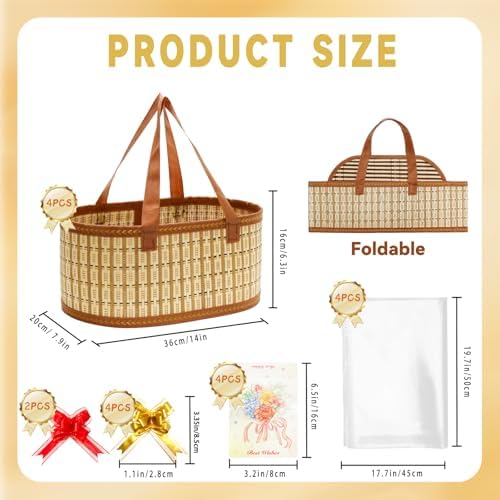 Mapaim 4 Pack Baskets for Gifts Empty,Large Gift Basket Kit with Cellophane Wrap & Bows, Woven Bamboo Gift Baskets with Handles, Ready to Gift Set for Birthday, Holiday, Baby Shower, Easter（Oval） - Image 2