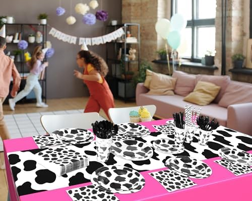 Oudain 222 Pcs Cow Dinnerware Set for 20 Guest Cow Tablecloth Plates and Napkins Cowgirl Party Decorations Cowboy Table Runner Plastic Black White Party Supplies(Hot Pink,Classic) - Image 5