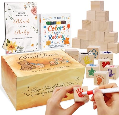 77 PCS Shower Games Sign Kit, 1 Wooden Game Sign, 52 Blank Wooden Blocks for DIY Drawing, 24 Markers, Shower Game for Gender Reveal Activity, Shower Ideas Decorations by Amzsudy