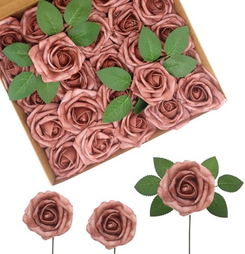 100PCS Warm Taupe Artificial Flowers Realistic Roses, Real Looking Fake Roses with Stem for DIY Wedding Bouquets Centerpieces Bridal Shower Party Home Romantic Decorations (Warm Taupe, 100pcs) by BringmoreJoyinyourlife