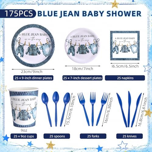 LemonRoad 175 Pcs a Blue Jean Baby Is on the Way Baby Shower Tableware Set Serve 25 Gender Reveal Newborn Party Denim Themed Disposable Dinnerware, 9" 7" Plates, 9oz Cups, Napkins, Blue Cutlery - Image 2