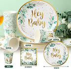 Skylety 200 PCS Sage Green Baby Shower Decorations Eucalyptus Disposable Plates and Cups and Napkins Sets Serves 50 Green Gold Plant Theme Plates for Baby Shower Gender Reveal Neutral Party Supplies - Image 2