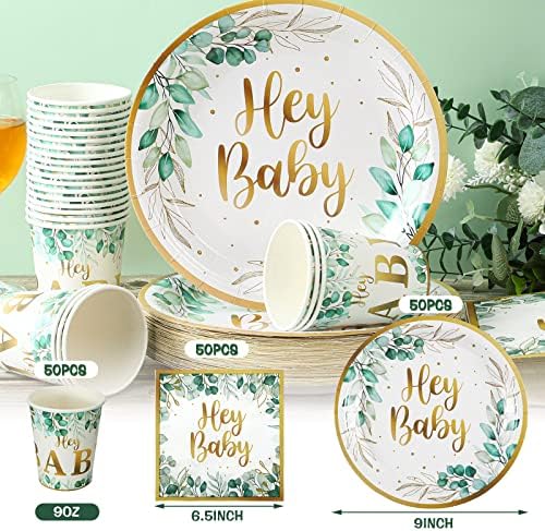 Skylety 200 PCS Sage Green Baby Shower Decorations Eucalyptus Disposable Plates and Cups and Napkins Sets Serves 50 Green Gold Plant Theme Plates for Baby Shower Gender Reveal Neutral Party Supplies - Image 2