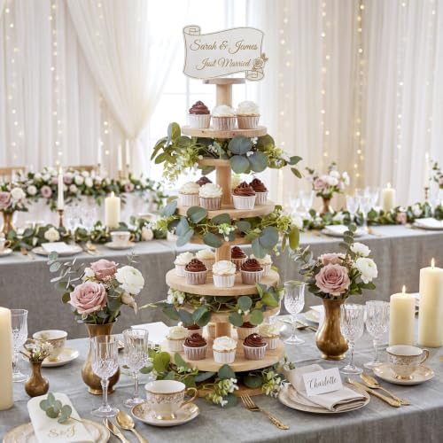 4 Tier Pine Wood Cupcake Tower with Sage Eucalyptus Vine Garland - Image 5