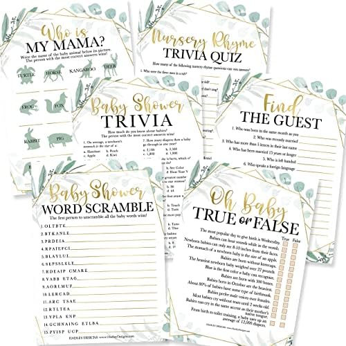 Hadley Designs 25 Greenery Word Scramble, 25 True Or False Game, 25 Trivia Game, 25 Find The Guest, 25 Baby Animal Matching, 25 Nursery Rhyme Game-6 Double Sided Cards Baby Shower Ideas by HadleyDesigns
