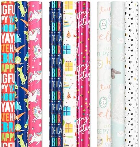 American Greetings Reversible Birthday, Baby, Wedding, and All Occasion Wrapping Paper, Unicorns and Dinosaurs (9 Rolls, 225 sq. ft.) by AmericanGreetings
