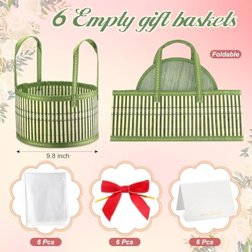 Weysat 6 Set Baskets for Gifts Empty Bulk, Large Woven Bamboo Gift Basket Kit with Handles, Bow, Wrap Bag to Fill for Raffle Thanksgiving Day Wedding Birthdays Party Wrapping (Green) - Image 3