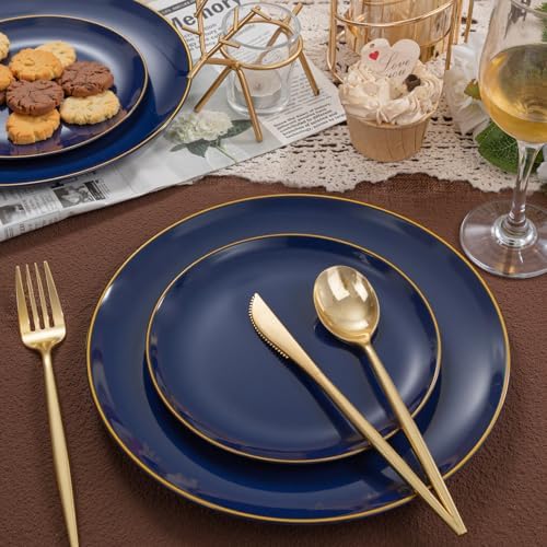 bUCLA 200PCS Blue Plastic Plates - Navy Blue Disposable with Gold Rim Include 100 Each (10 inch Dinner & 7 inch Dessert) Plates, Ideal for Party & Labor Day - Image 4