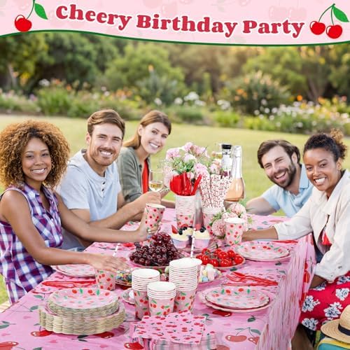 Ceenna 452 Pcs Cherry Party Decoration for 50 Guest, Cherry Paper Plates Napkins Cups Tablecloth Cutlery Straw Summer Fruit Disposable Tableware for Picnic Birthday Baby Shower Party Supplies - Image 4