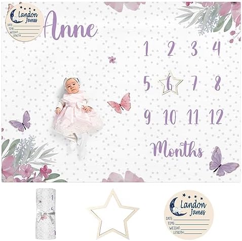 Custom Name Baby Milestone Blanket - Baby Milestone Monthly Blanket with Double Sided for Boy Girl Baby Photography Props - Purple Butterfly Print Gifts for Kids Infant (FixedSize) by Dyoart