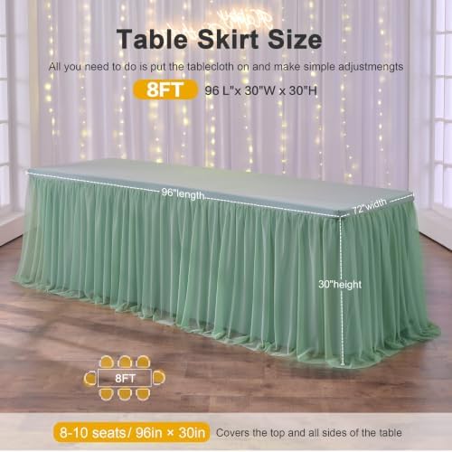 familus Sage Green Table Cloths 8 Foot Rectangle 2 Pack Stretch Ruffle Tulle Tablecloth Spandex Fitted Table Cover for 8 Foot Tulle Table Skirts for Party Wedding Table Cloths, Banquets - Image 4