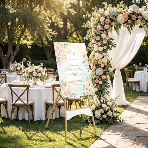 CHOEZON 43" Gold Easel Stand for Sign, Display Easel with 6 Adjustable Height Levels, Metal Art Easel, Poster Stand for Painting, Wedding Welcome Signs Holder, Gold and White TCJ26JW - Image 2