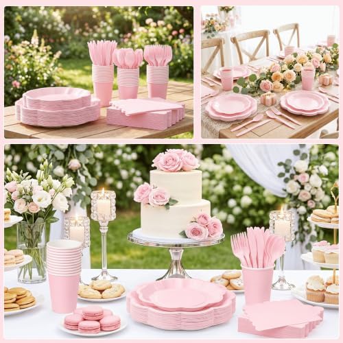 350 Pcs Pink Scalloped Disposable Plates Tableware Set for 50 Guests - Image 5