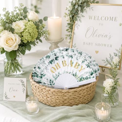Cinrobiye 24 Pcs Greenery Baby Shower Folding Hand Fans, Sage Green Eucalyptus Oh Baby Fans Bulk, Foldable Fan Favors for Gender Reveal, Baby Shower Guest Favors and Party Decorations - Image 3