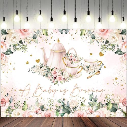 10x7ft Baby Shower Backdrop A Baby is Brewing Photography Background White Floral Pink Teapot Tea Party Theme Banner Decorations Rose Flower Green Leaf Golden Glitter Heart Photo Booth Prop - Image 2