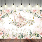 15x8ft Baby Shower Backdrop A Baby is Brewing Photography Background White Floral Pink Teapot Tea Party Theme Banner Decorations Rose Flower Green Leaf Golden Glitter Heart Photo Booth Prop - Image 2