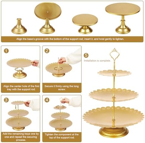 11 Pcs Gold Dessert Table Display Set, Metal Cake Stands and Tiered Serving Tray with Cake Servers and Tongs for Wedding Anniversary and Party Decor - Image 6