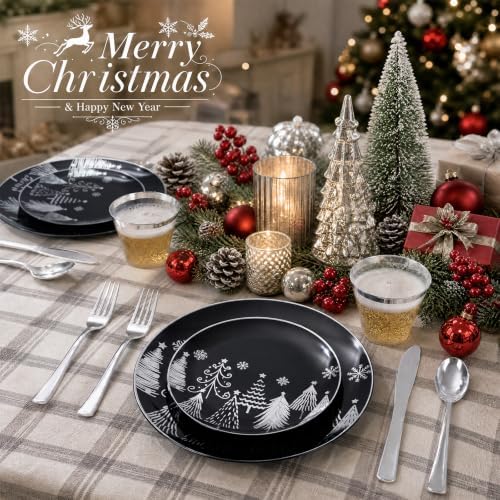 KIRE 150PCS Christmas Plates Disposable & Dinnerware Set for 25 Guests - Black & Silver Plates, Plastic Silverware & Cups With Silver Rim for Christmas/New Year - Image 5