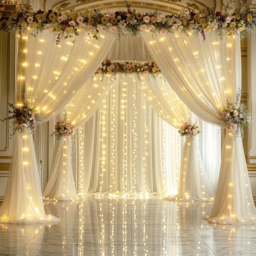 20×12ft Champagne Tulle Backdrop Curtain with Lights String for Parites Sheer Fabric Backdrop Curtains for Wedding Baby Shower Birthday Party Backdrop Drapes Photo Shoot Background 4 Panels 5ft×12ft - Image 3