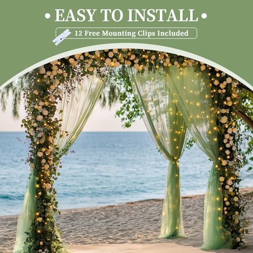 10x10ft Sage Green Tulle Backdrop Curtain with String Lights, Wrinkle-Free Sheer Wedding Backdrop for Birthday Parties, Baby Showers, Bridal Showers, Photo Shoots and Home Decor, Sage Green - Image 7