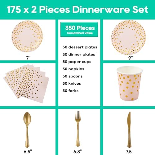 JOLLY PARTY Pink and Gold Paper Plates 350 PCS Disposable Dinnerware Set - Image 2