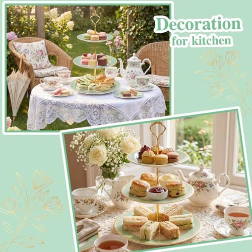 CHENGU 3 Tier Christmas Cupcake Stand Green Ceramic with Gold Frame - Image 3