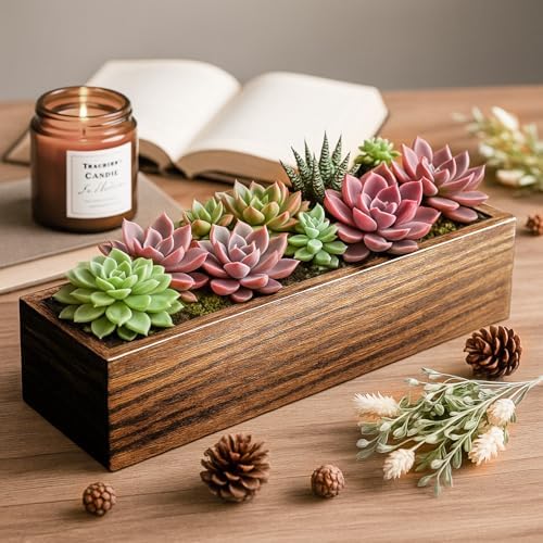 Dandat 5 Set Wood Rectangle Boxes 12x4 Inch Rustic Planter with Liner - Image 6
