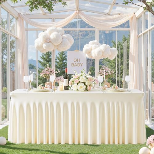Ivory Table Cloth for 8 Foot Rectangle Tables Fitted Stretch Spandex Table Cover with Skirt 8ft Baby Shower Birthday Party Banquet Ruffle Cream Tablecloth Wedding Table Cloths Desk Skirt by LittleFunny