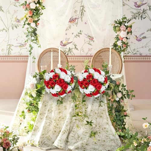 Briful Fake Floral Balls for Centerpieces - 2PCS 11.8" Large Faux Rose Flower Arrangement Silk Flower Bouquet for Home Wedding Party Anniversary Table Vase Flower Stand Decor(Red White) - Image 5