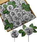 D-Seven Artificial Flower 50pcs Silver Gray Fake Roses with Stem for DIY Wedding Bouquets Floral Arrangements Bridal Shower Baby Shower Party Home Decor by D-Seven