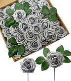 D-Seven Artificial Flower 50pcs Silver Gray Fake Roses with Stem for DIY Wedding Bouquets Floral Arrangements Bridal Shower Baby Shower Party Home Decor by D-Seven