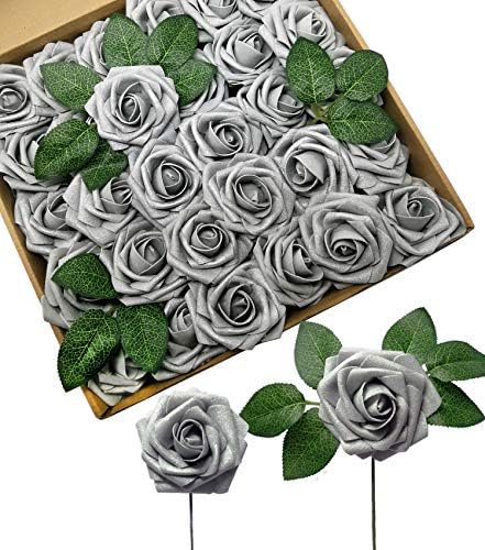D-Seven Artificial Flower 50pcs Silver Gray Fake Roses with Stem for DIY Wedding Bouquets Floral Arrangements Bridal Shower Baby Shower Party Home Decor by D-Seven