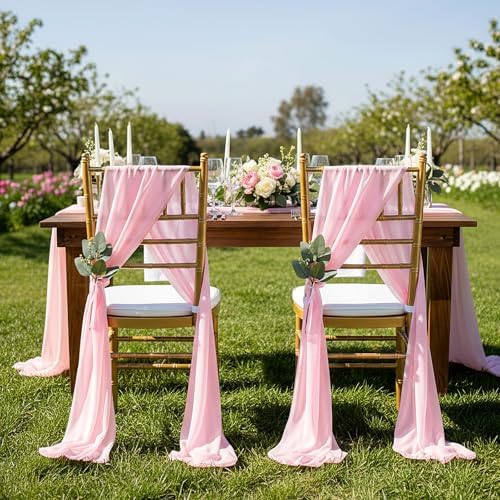 QueenDream Pink Chair Sashes Wedding: 36 Pieces Long Sheer Wedding Aisle Chair Decorations Tulle Chairs Covers with Artificial Eucalyptus - Image 2