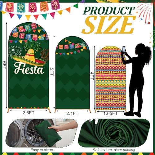 Chunful 3 Pcs Cinco de Mayo Fiesta Party Arch Backdrop Cover Mexican Photo Background Decor 2-Sided Round Top Mexican Cute Backdrop Arch Cover for Fiesta Party Decoration 6 ft/5 ft/4 ft (Green) - Image 4