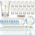 Funnymoom 50 Sets God Bless Shot Glasses Religious Party Favors for Guests Souvenir Baptism Cross Blue Floral Thank You Tags with Organza Bags Twine for Christening Celebration Baby Shower by Funnymoom