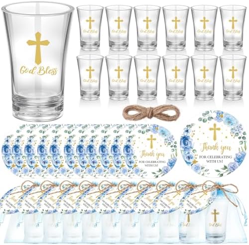 Funnymoom 50 Sets God Bless Shot Glasses Religious Party Favors for Guests Souvenir Baptism Cross Blue Floral Thank You Tags with Organza Bags Twine for Christening Celebration Baby Shower by Funnymoom
