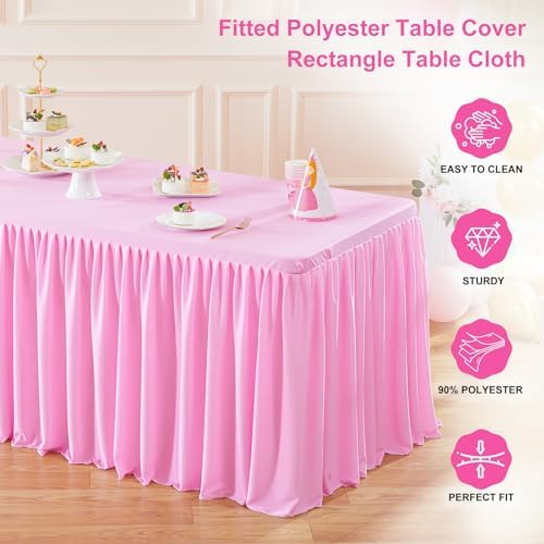Wish Care 3 Pack Pink Polyester Table Clothes for 6 Foot Rectangle Tables, Wrinkle Free Fitted Table Cover with Pleated Ruffle Table Skirt for Party Baby Shower Wedding Birthday Event Display - Image 4