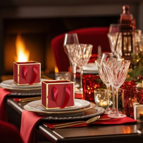 Yeaqee 50 Pcs Mini Metallic Paper Gift Bags with Handle, Burgundy Red, Gold - Image 6