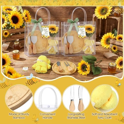 Ferrochef Baby Shower Prizes for Game Winners 6 Set - 43 Pcs Round Bamboo Honey Bee Cheese Board Gift Set with Fake Sunflower Cheese Knife Fork Dish Towel Clear PVC Bag Wedding Bridal Shower Favor - Image 5
