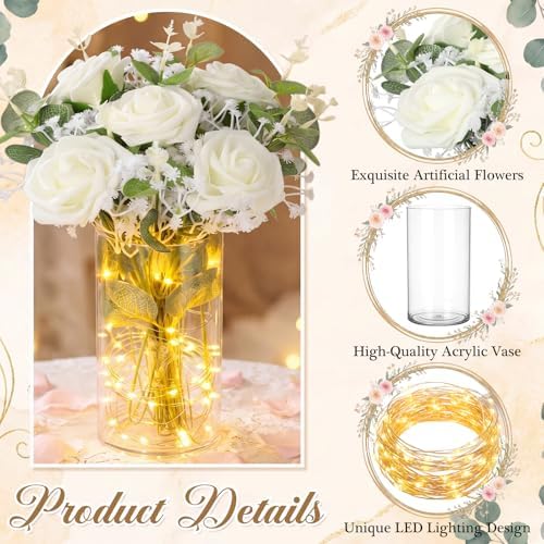 Domensi Set of 6 LED Lighted Floral Table Centerpieces, Faux Roses, Eucalyptus & Baby's Breath in Acrylic Vase, Glowing Rustic Wedding Decor for Bridal Shower, Party & Dining Table(White) - Image 3
